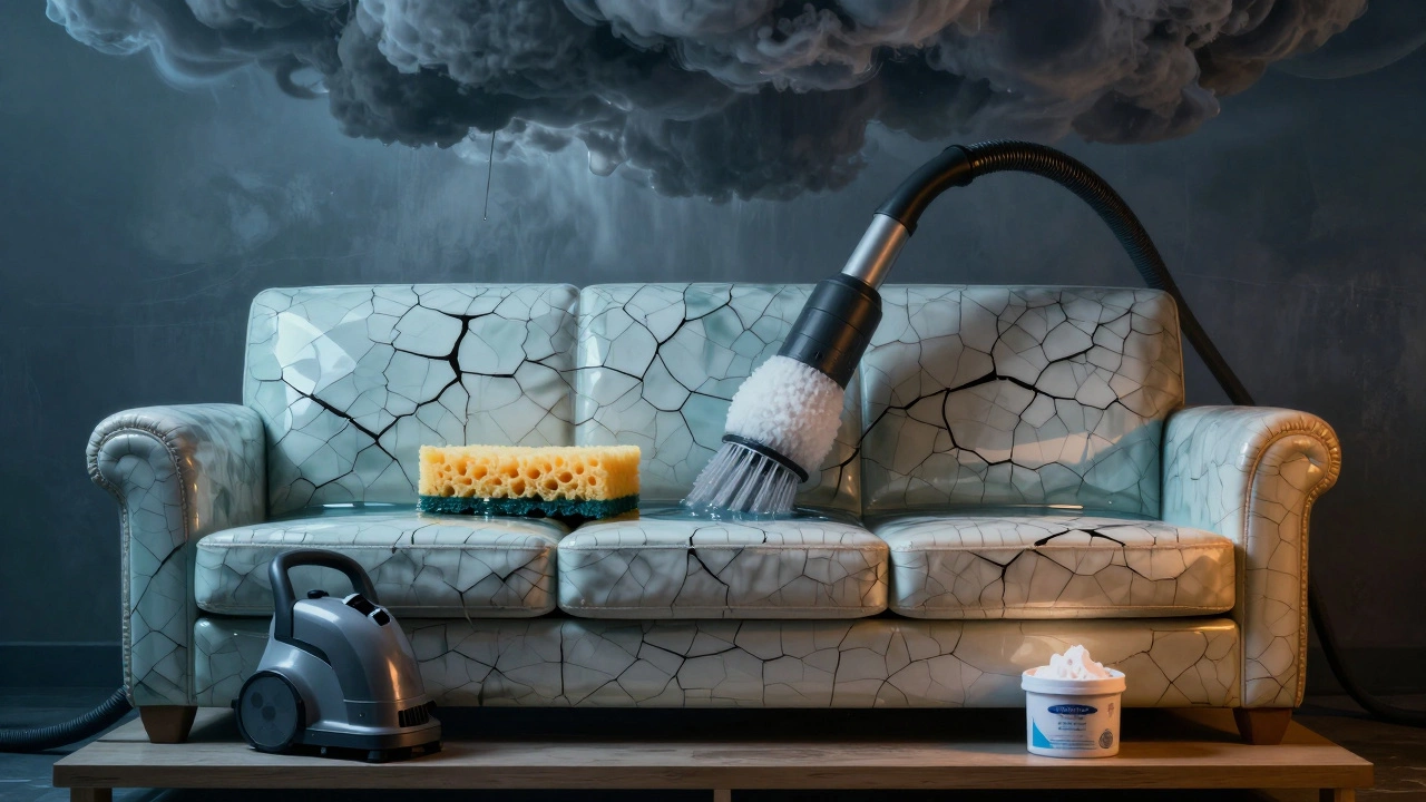 Sofa as fragile porcelain cracking under water damage, with safe cleaning tools nearby.