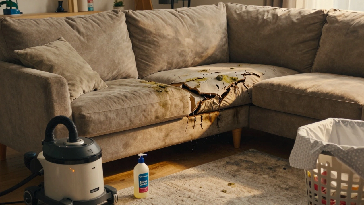 Sofa deteriorating from moisture damage, with professional cleaner and slipcovers nearby as better alternatives.