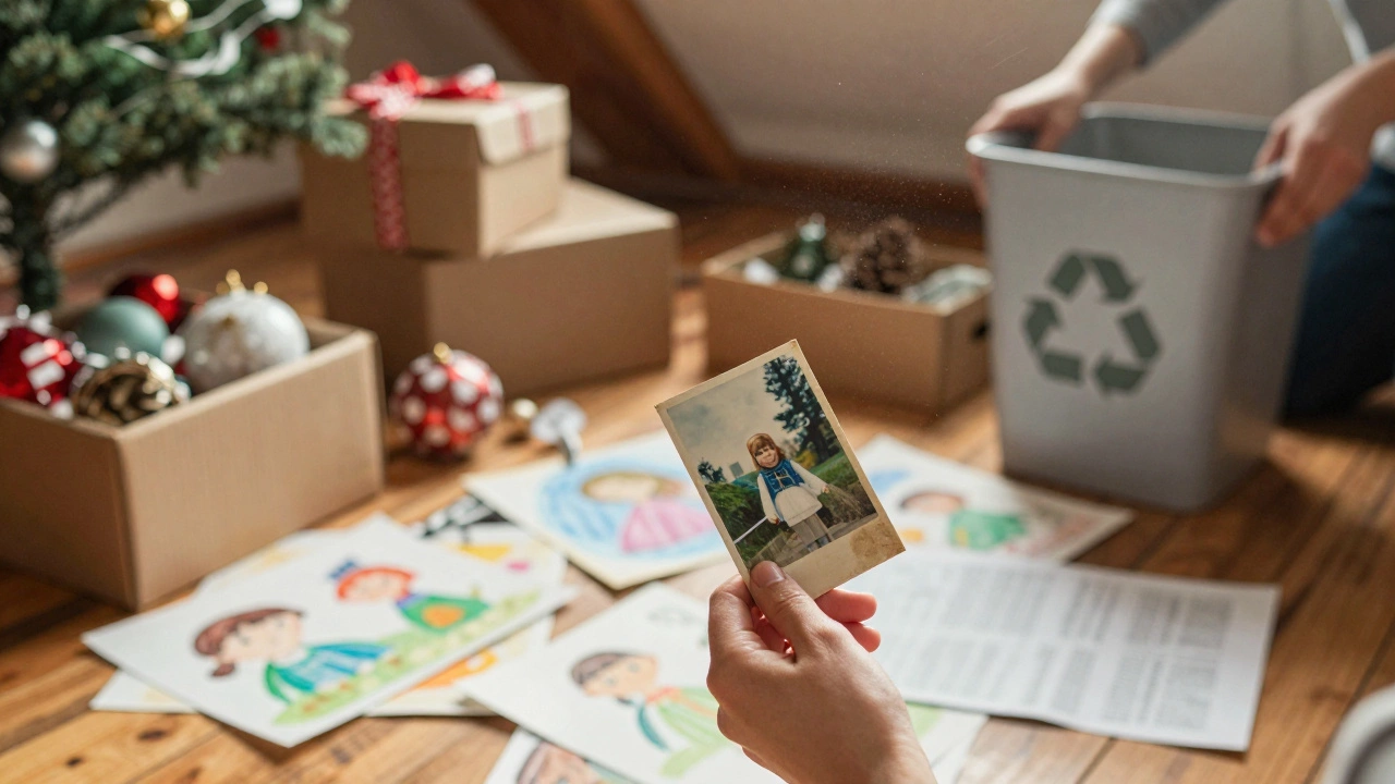Sorting through old boxes and childhood memorabilia in a sunlit attic during annual spring cleaning.