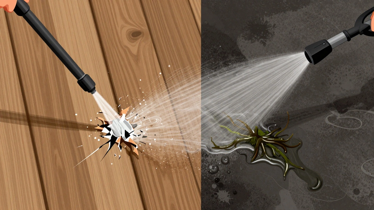 Split image showing cold water damaging wood versus hot water dissolving grease and algae.