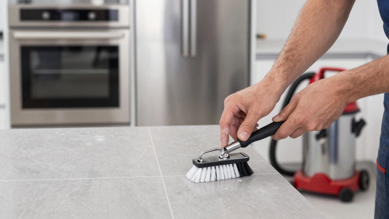 Technician meticulously cleaning kitchen grout lines with specialist tools to remove cement residue without damaging tiles.