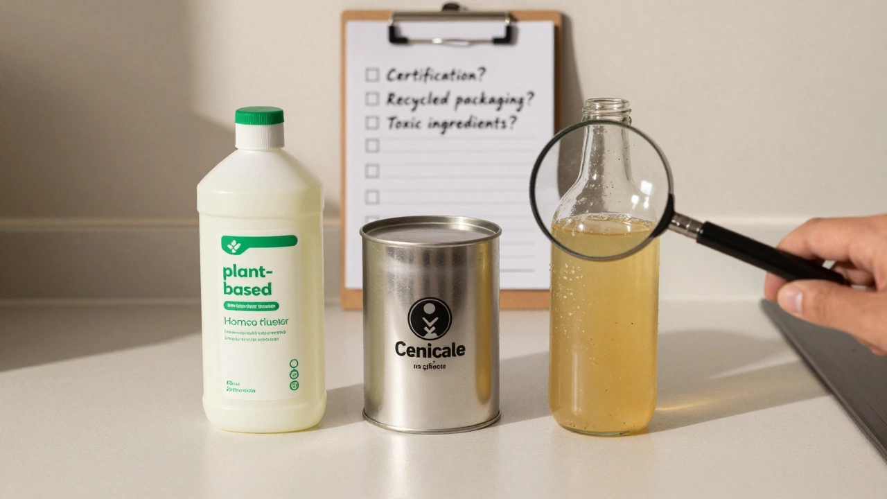 Three cleaning products on a counter with a checklist, highlighting certification, packaging, and ingredients, with a magnifying glass over the homemade option.