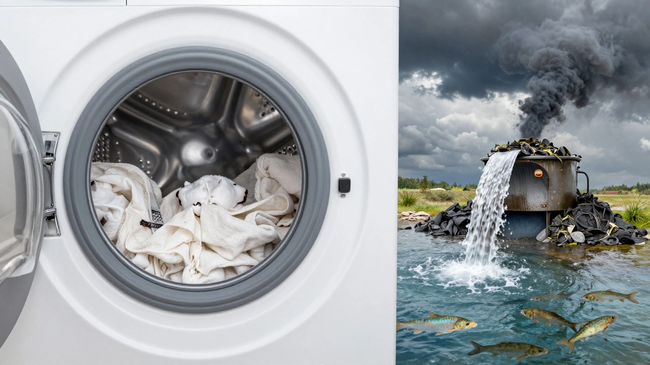 Transparent washing machine showing natural fabrics and captured microplastics, with clean water flowing to a healthy river.