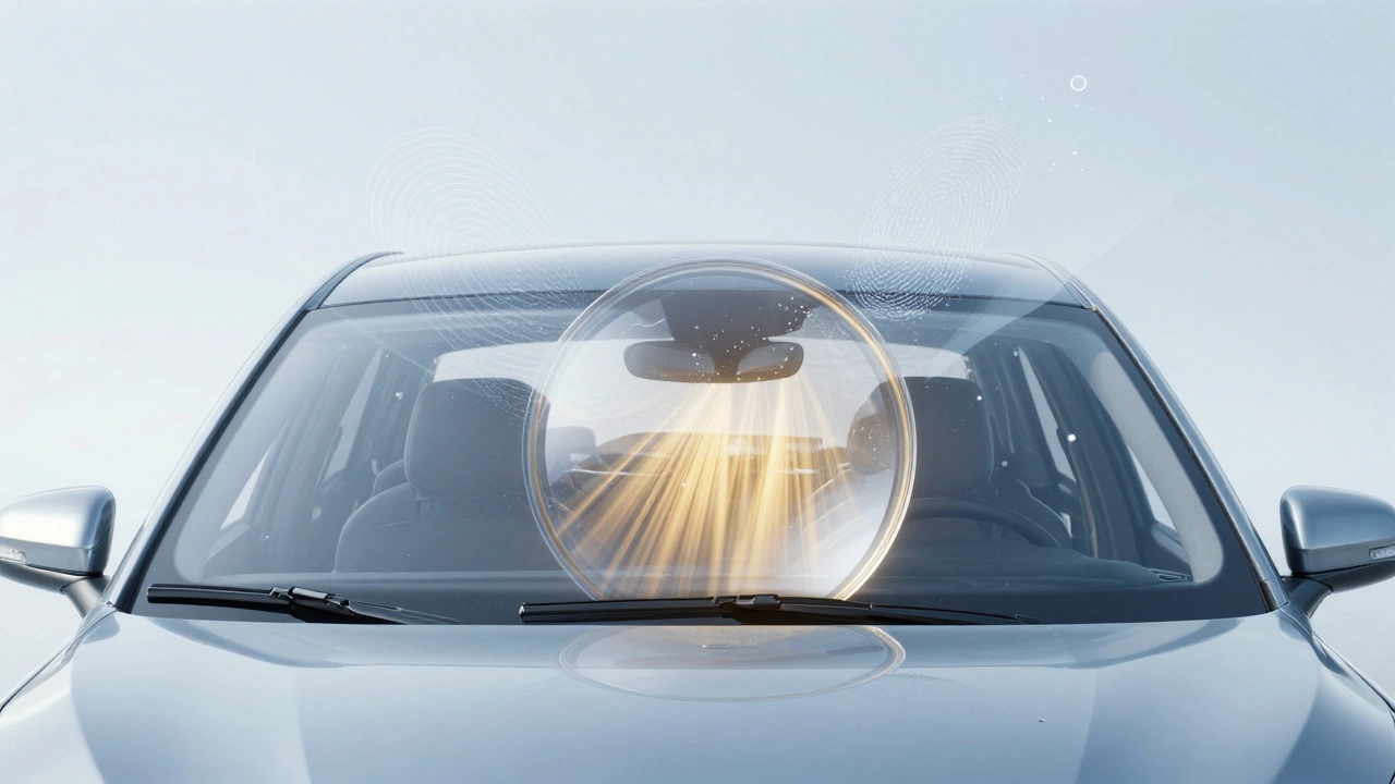 A car windshield depicted as a flawless optical lens, with oils and dust dissolving into clarity.