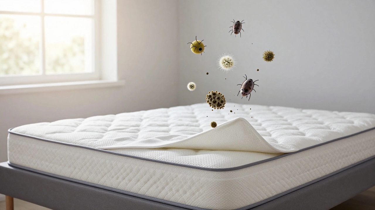 A clean mattress with a protective cover, allergens fading away in morning light.