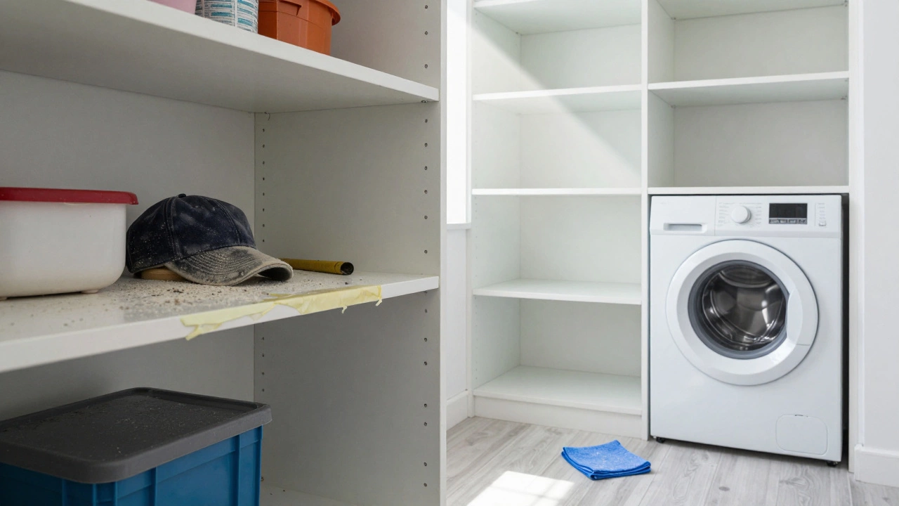 A cluttered cupboard on one side and a spotless, cleaned shelf on the other during move-out cleaning.
