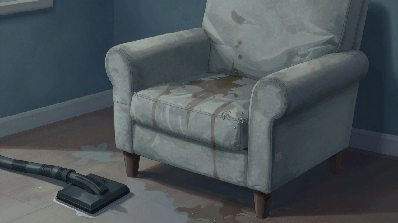 A damaged armchair with warped fabric and water stains from improper steam cleaning, showing signs of mold and frayed seams.