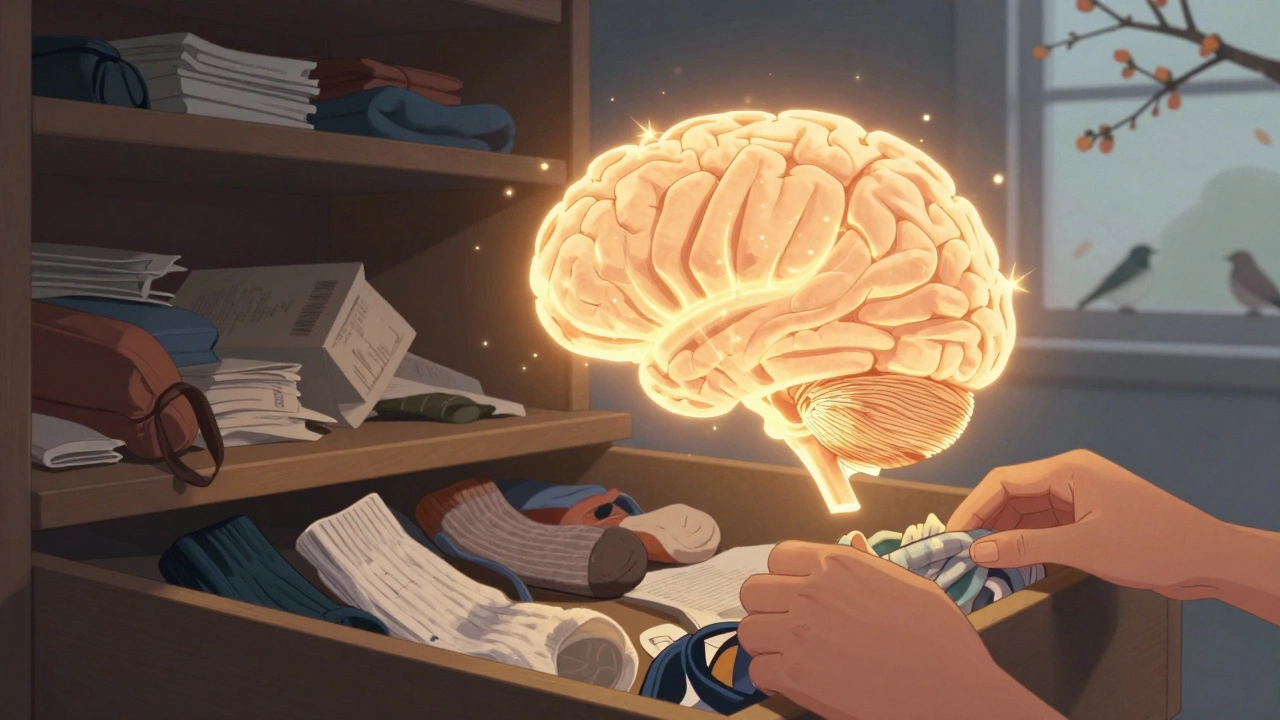 A glowing brain releasing dopamine sparks as hands sort through clutter, with seasonal renewal cues in the background.