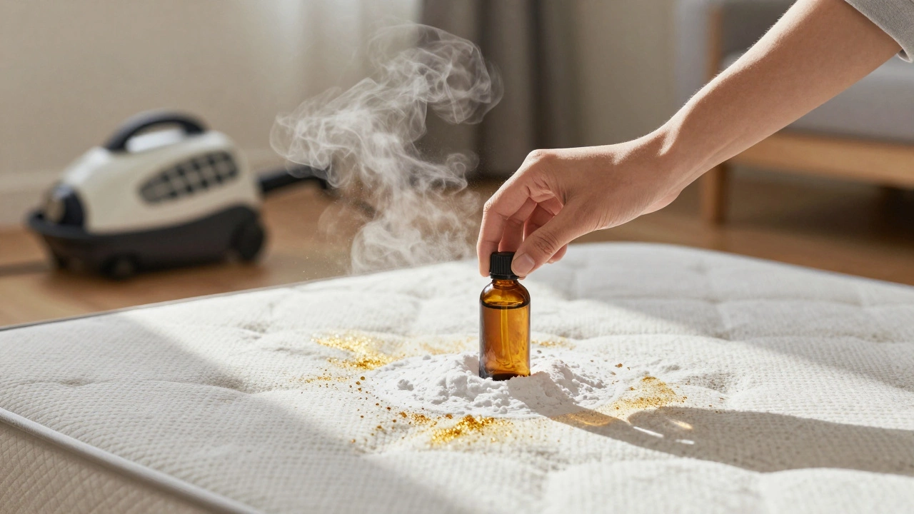 Baking soda and tea tree oil being sprinkled on a mattress, with steam cleaner nearby.