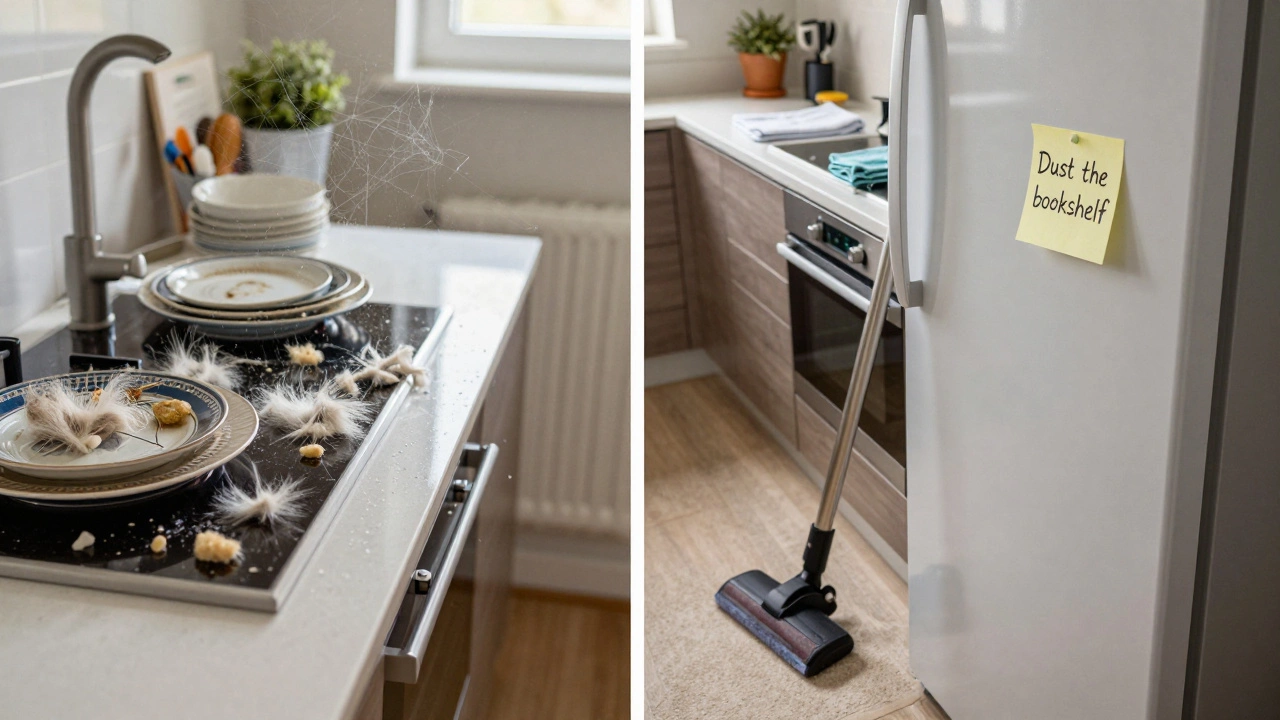 Before-and-after split of a home: messy left side, clean right side with sticky note on fridge.