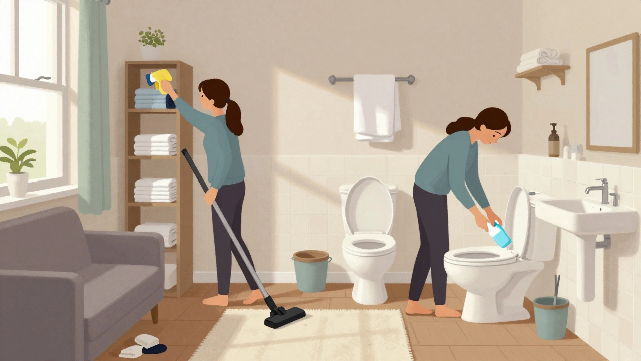 Cleaner vacuuming a rug and disinfecting a bathroom sink in a modest British home.