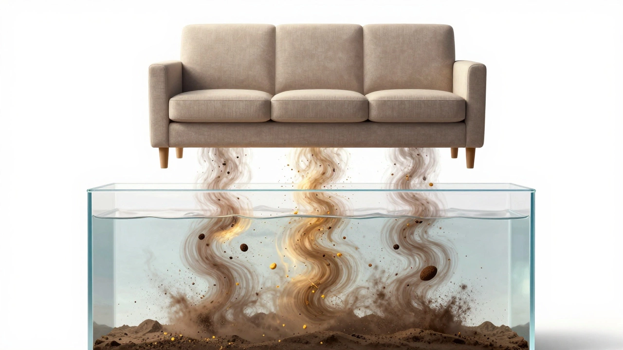 Dirt particles like hair and dust being pulled from a couch into a transparent collection tank.