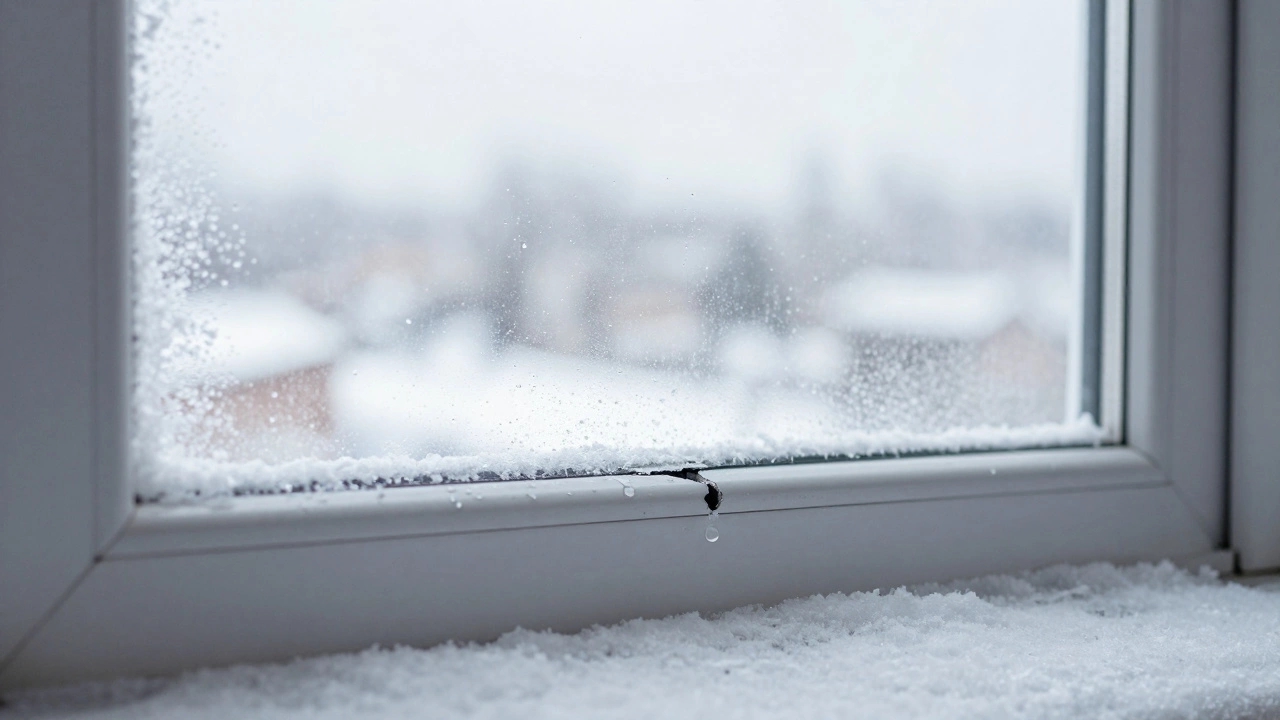 Frozen window frame with ice forming after pressure washing in cold weather, water droplets hanging on the sill.