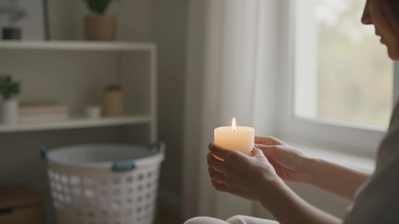 Hands lighting a candle and opening a window at dawn, sunlight catching dust in a clean, peaceful room.