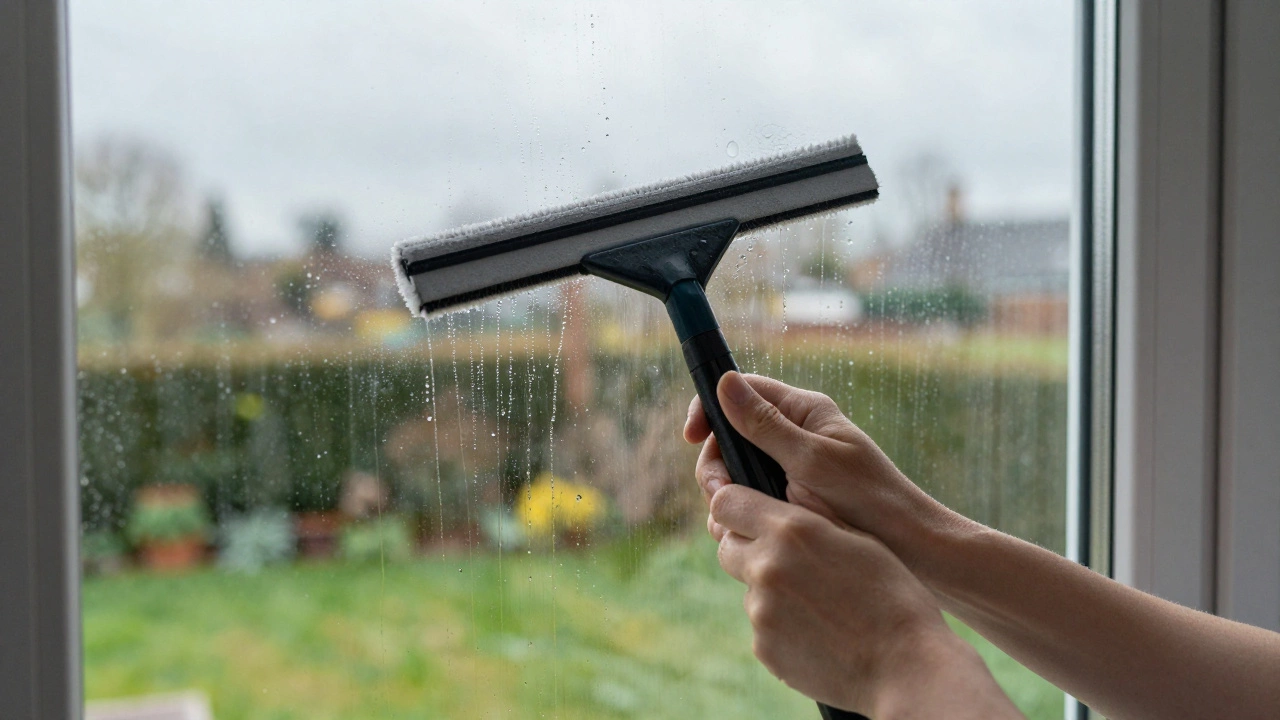 Hands using a wool squeegee tool on an outdoor window pane.