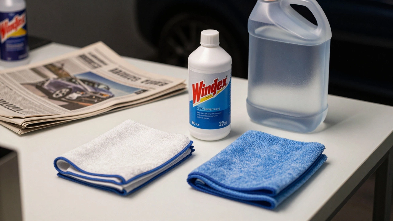 Professional car detailing tools: isopropyl alcohol, distilled water, and microfiber cloths on a workbench.