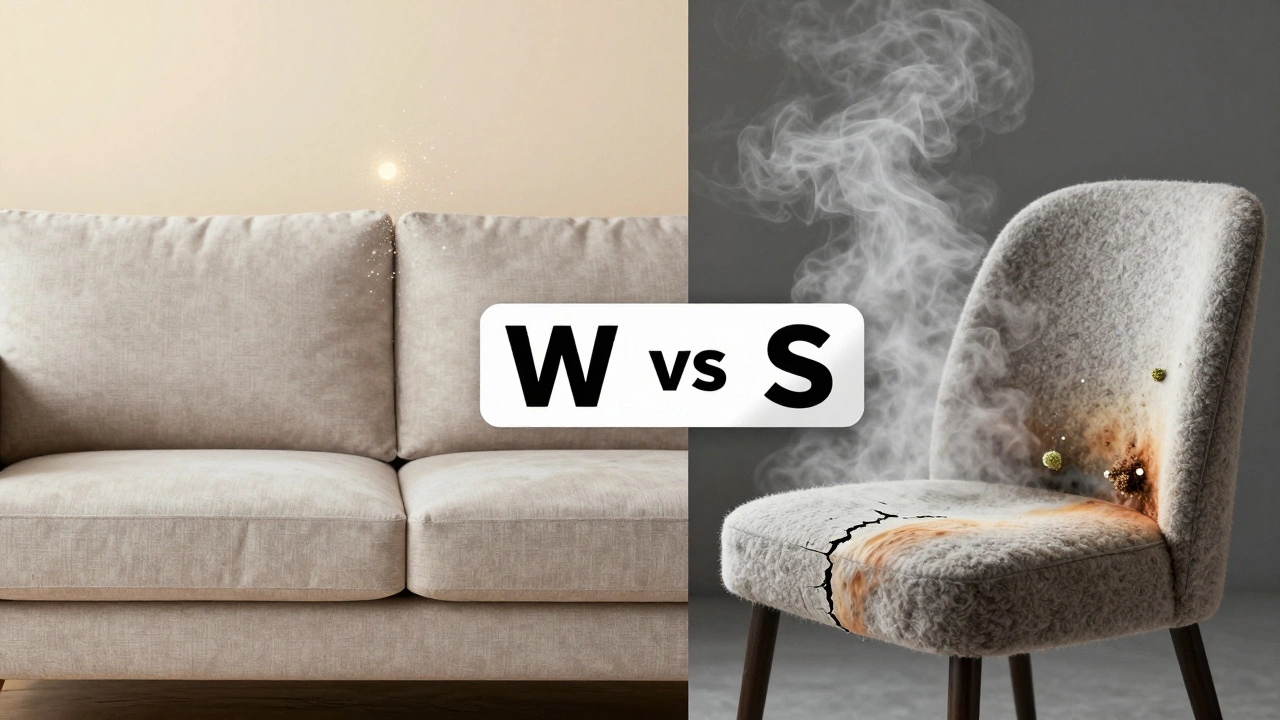 Split image comparing safe steam cleaning on synthetic fabric versus damage to wool upholstery from excessive heat and moisture.