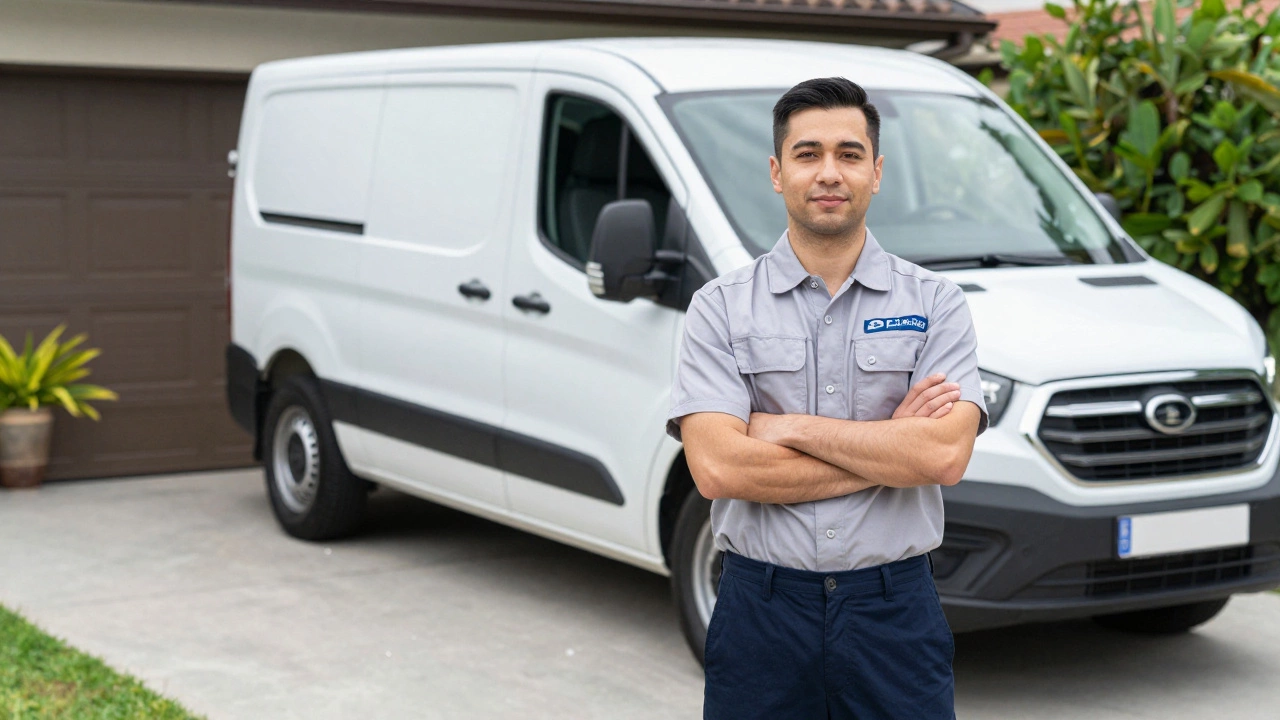 Technician standing proudly by van next to clean driveway