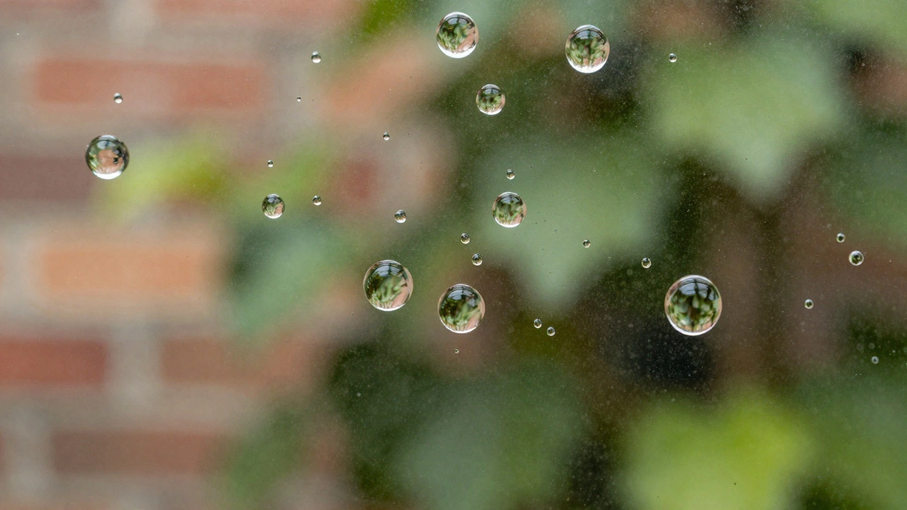 Water droplets beading on a treated glass surface close up.