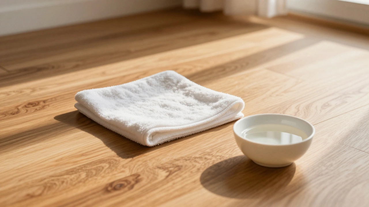 Wood floor cleaned safely with water and cloth.