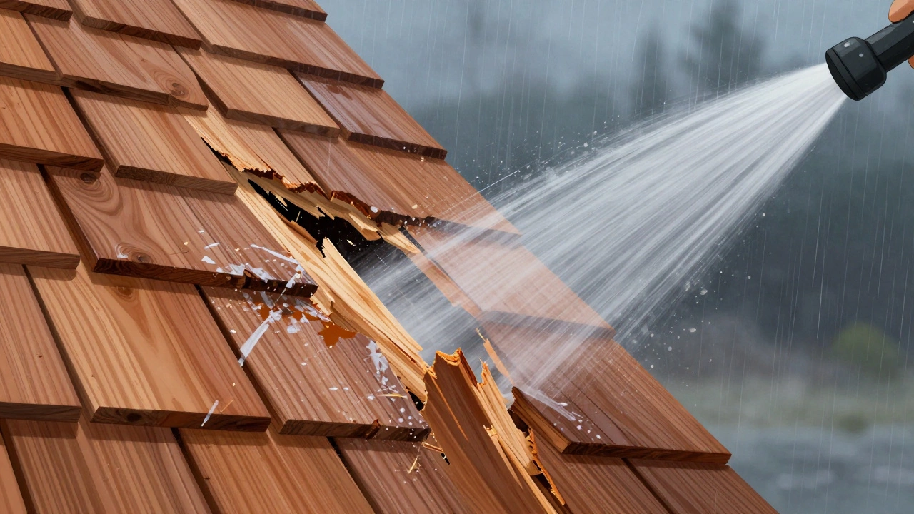 Wood shingles damaged by high-pressure water, showing splintered grain and early mold growth beneath.