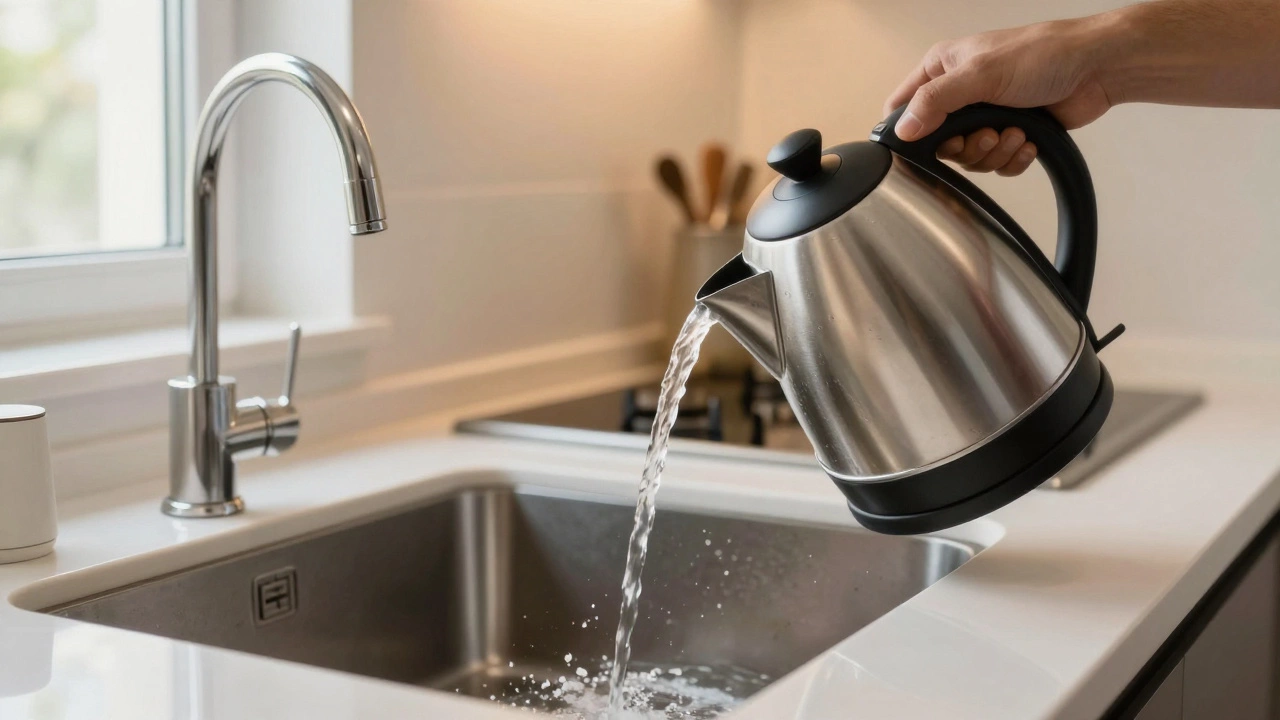 A clean electric kettle being emptied after a vinegar descaling treatment.