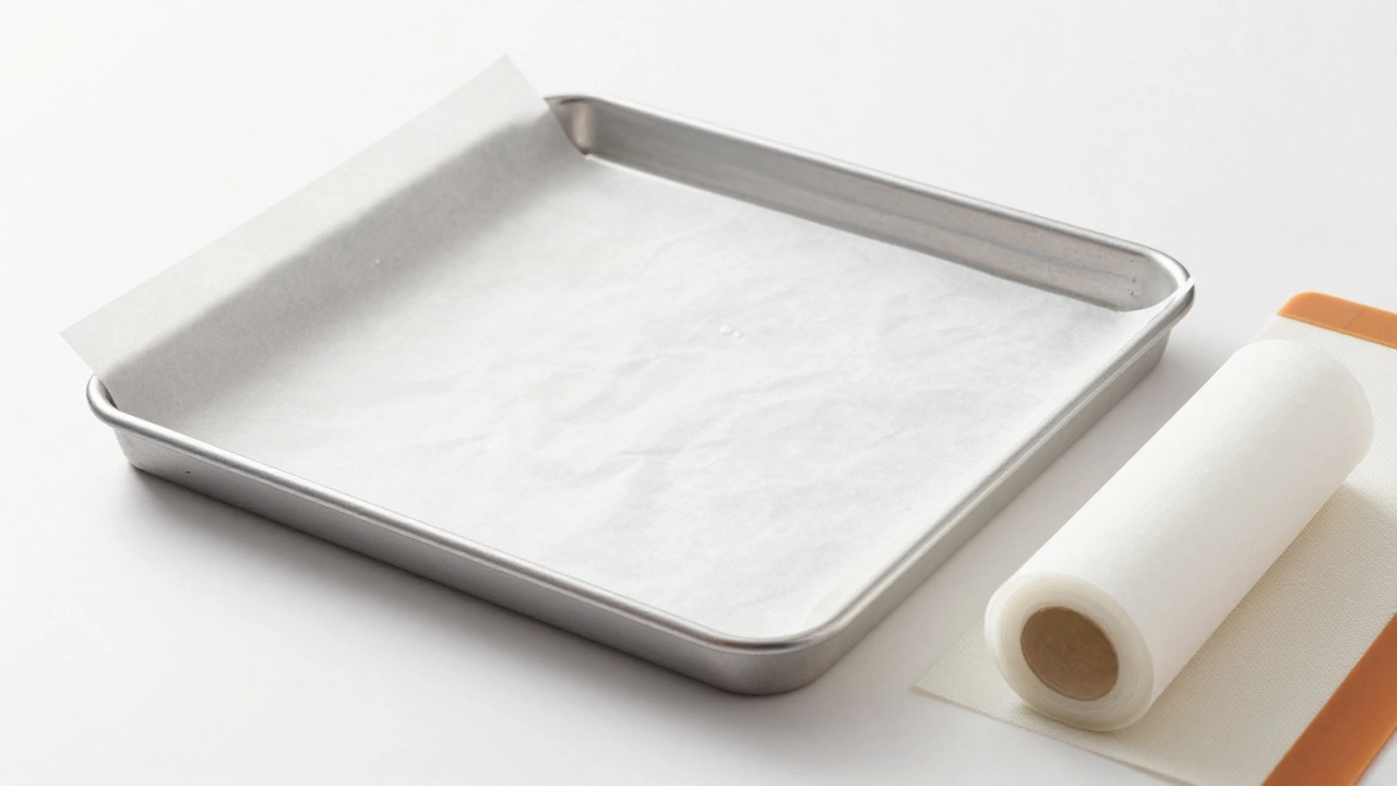A clean metal baking tray lined with parchment paper to prevent grease buildup