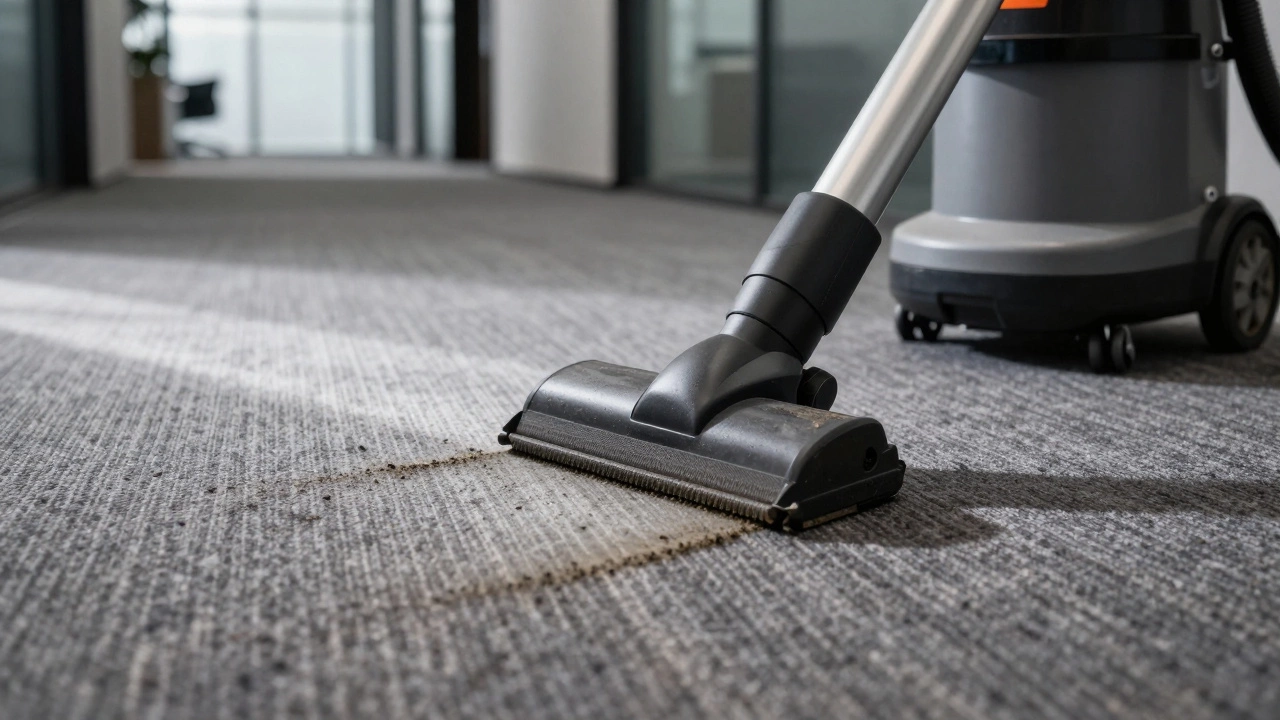 A professional steam cleaner removing deep-seated dirt from an office carpet.