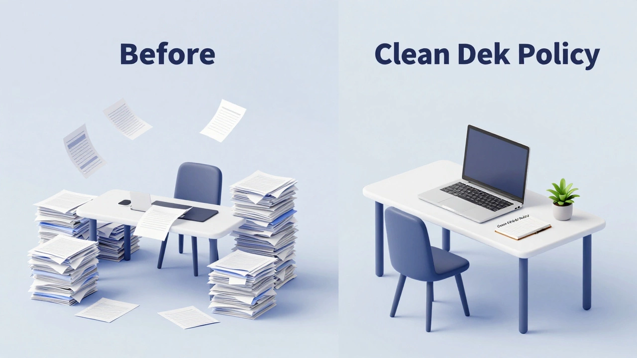 A split-screen comparison of a cluttered desk versus a clean, organized workspace.