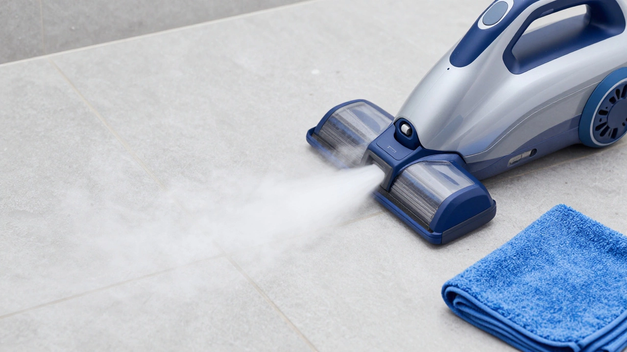 A steam cleaner removing dirt from bathroom tile grout with a microfiber cloth nearby