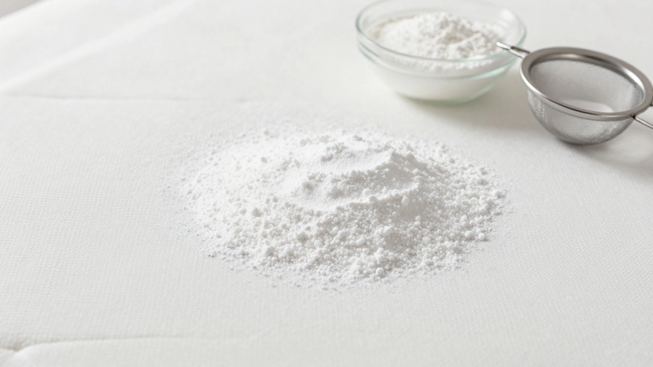 A thin layer of baking soda sifted across a white mattress to remove odors