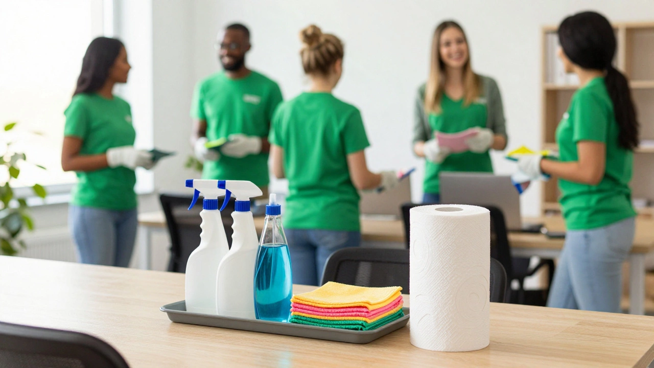A tidy office breakroom featuring a dedicated cleaning station and happy employees.