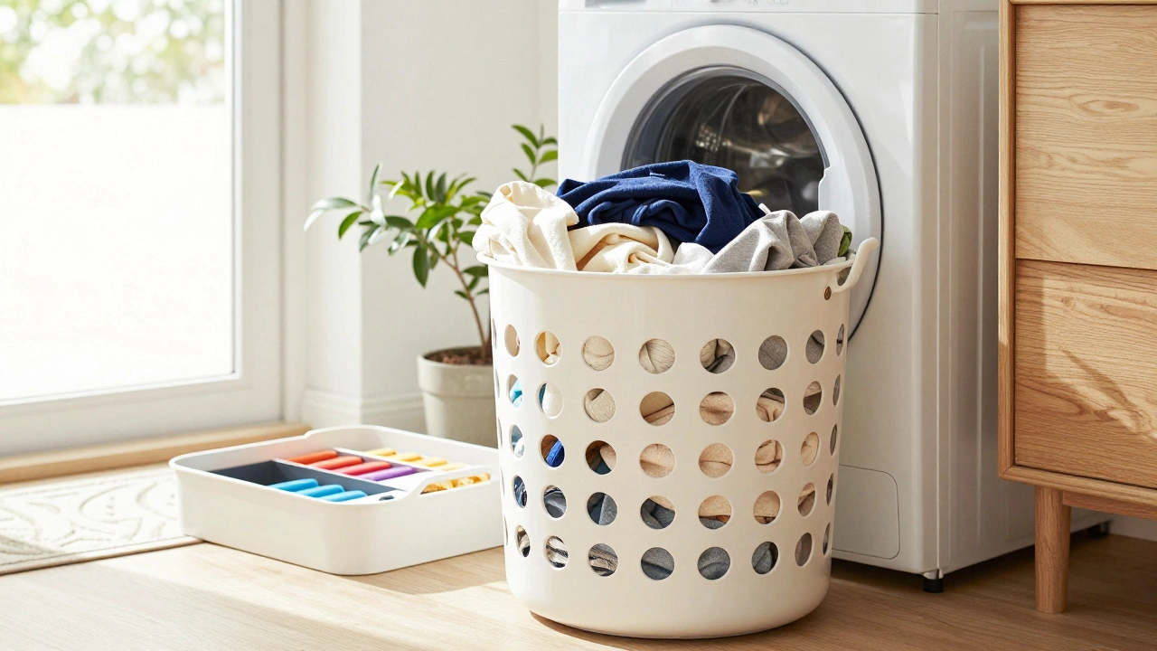 An organized entryway with a laundry basket and mail tray in a bright, sunlit home.