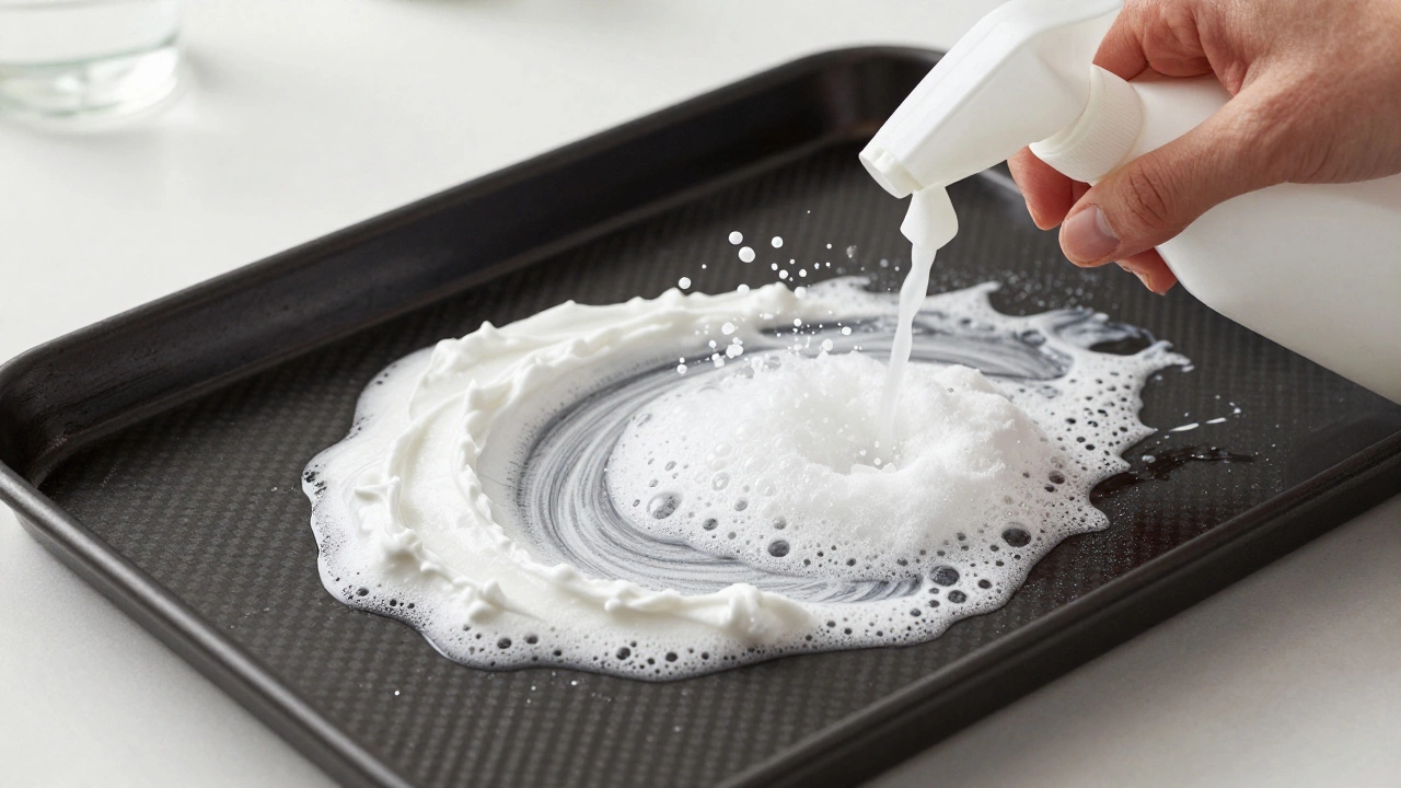 Baking soda and vinegar reacting with bubbles to lift grease from an oven tray