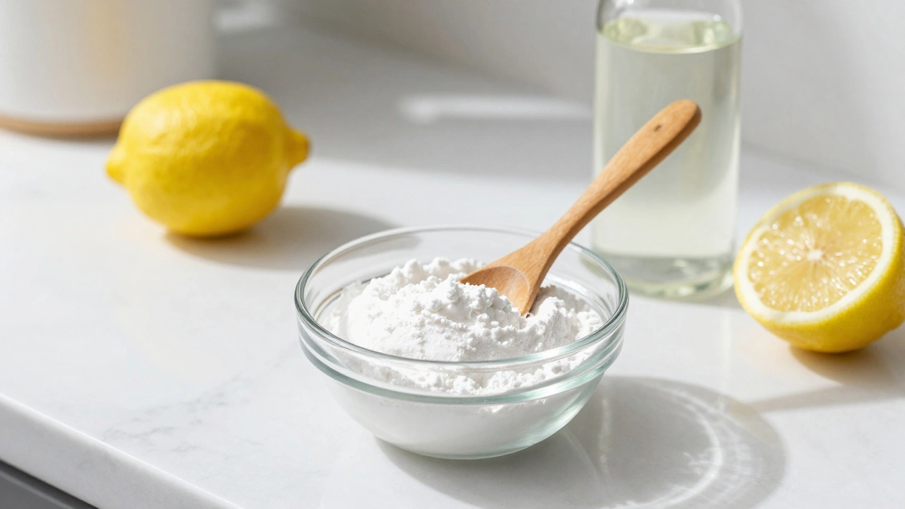 Baking soda paste and white vinegar in bowls on a clean white marble countertop