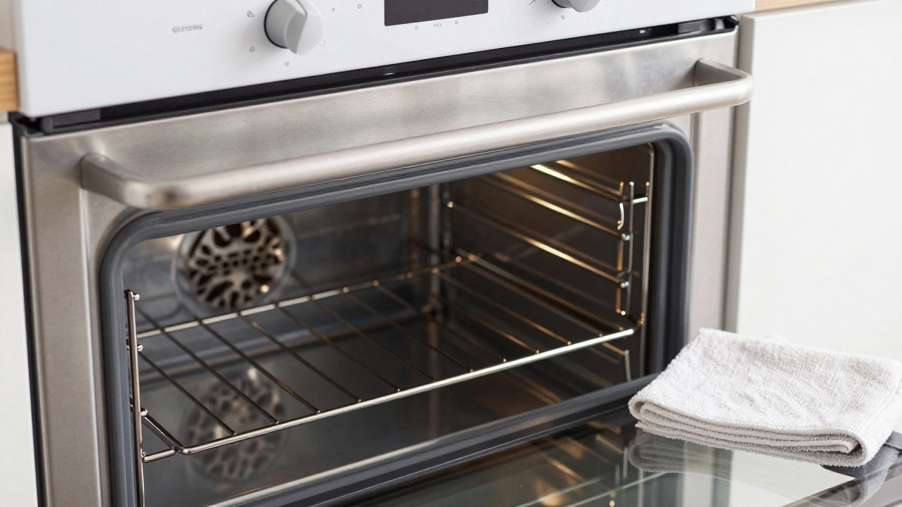 Clean and shiny oven interior with reflective metal racks and a clear glass door
