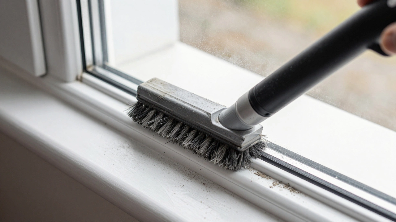 Close-up of brushes and a vacuum cleaning dirt from white window tracks