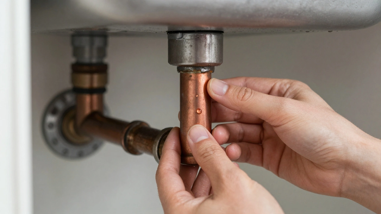 Close-up of hands discovering a small leak in a clean kitchen pipe under a sink.