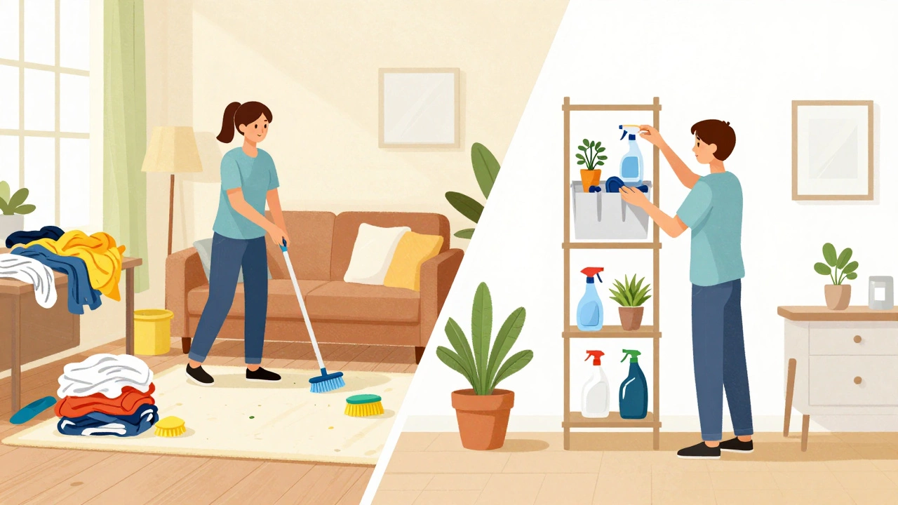 Comparison between a large house cleaning project and a minimalist micro-cleaning approach.