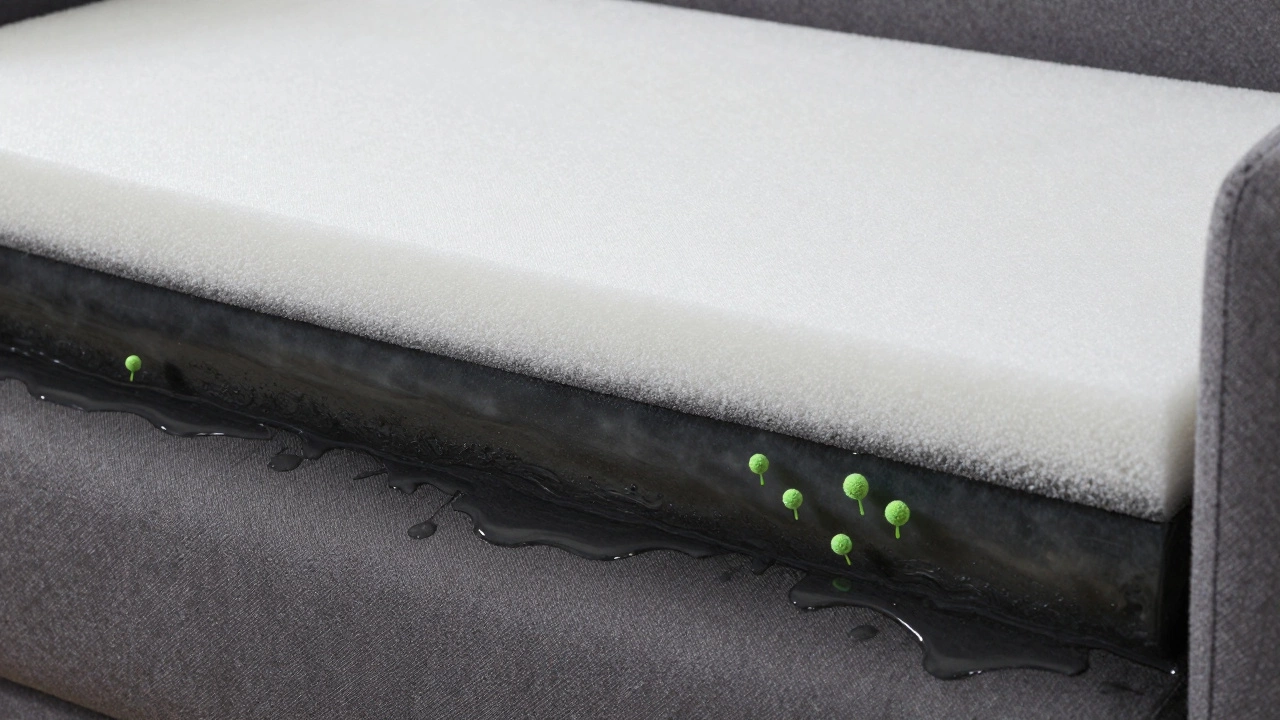Cross-section of a sofa cushion showing water saturation and mold in the foam