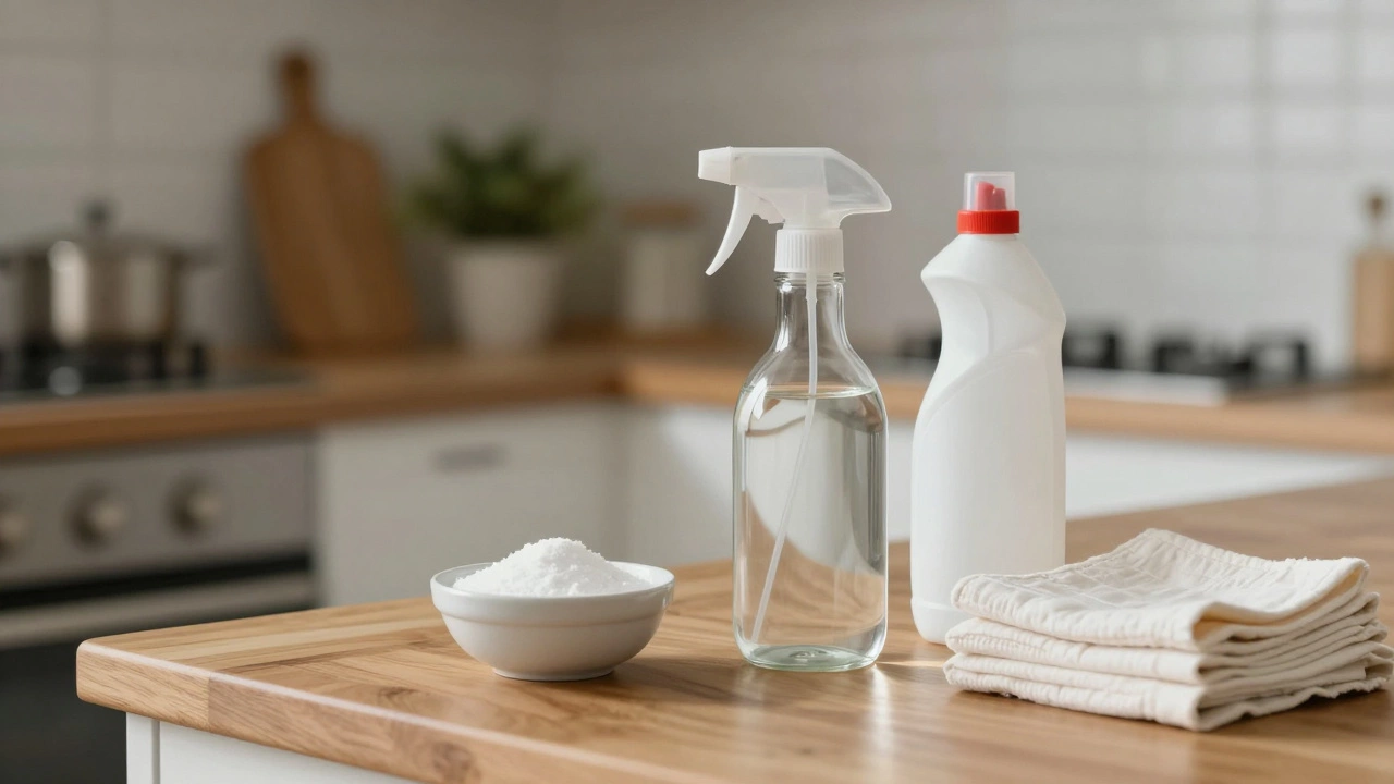 Eco-friendly cleaning supplies including vinegar and baking soda on a wooden counter.