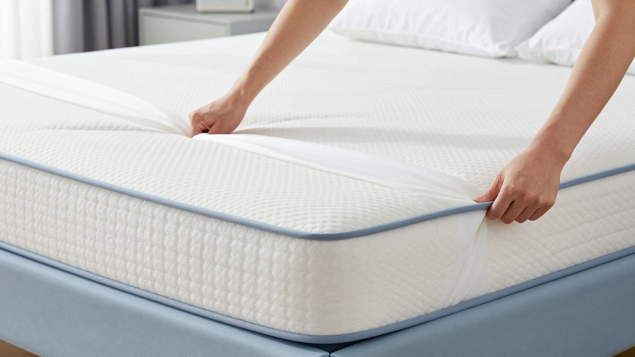 Hands fitting a white waterproof mattress protector onto a clean bed