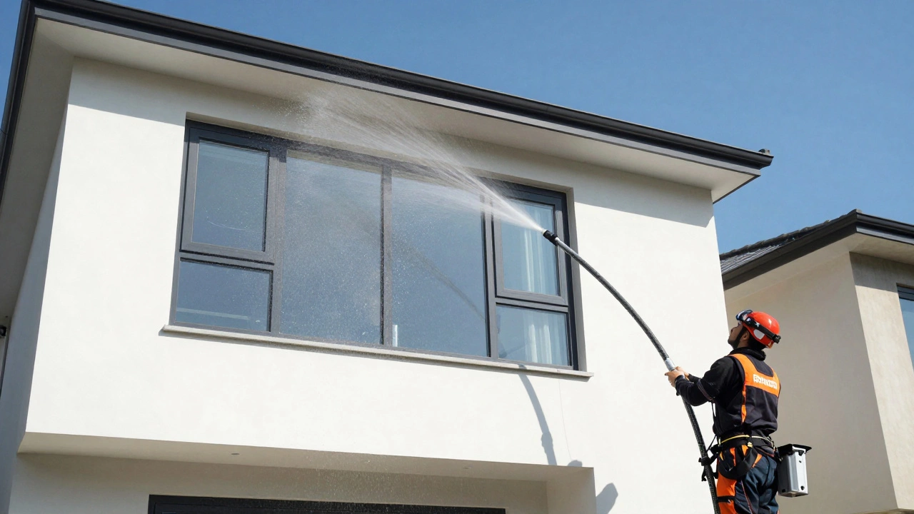 Professional cleaner using a water-fed pole to clean a high window