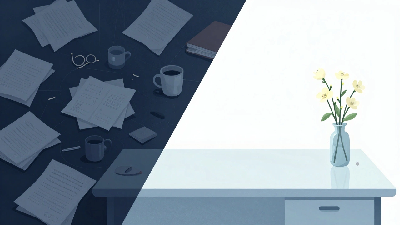 Split image showing a cluttered stressful desk versus a clean minimalist desk for mental clarity.