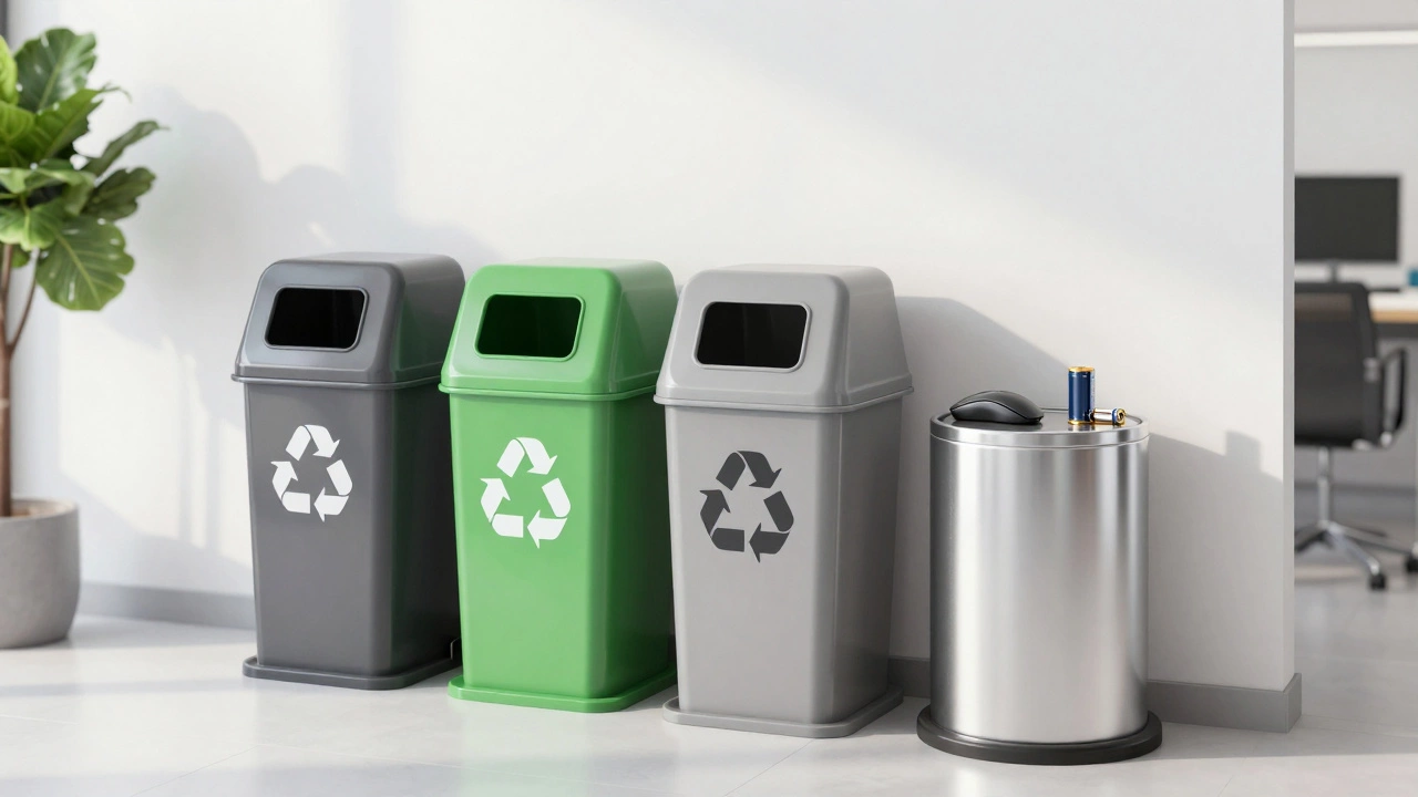 Sustainable office recycling bins for paper, plastic, and electronic waste.