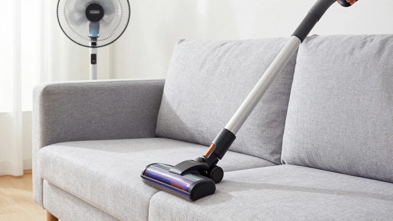 Vacuuming the crevices of a grey sofa with a fan nearby for drying