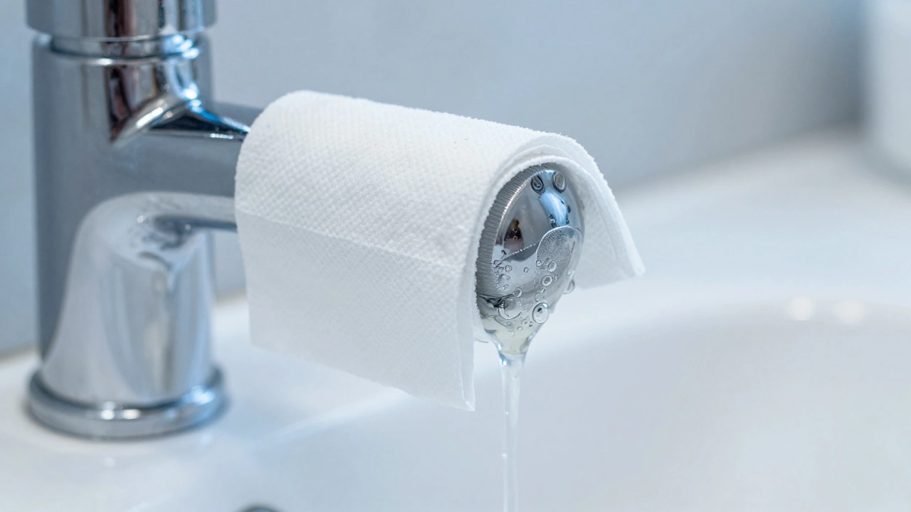 Vinegar-soaked paper towel wrapped around a chrome faucet to remove limescale.