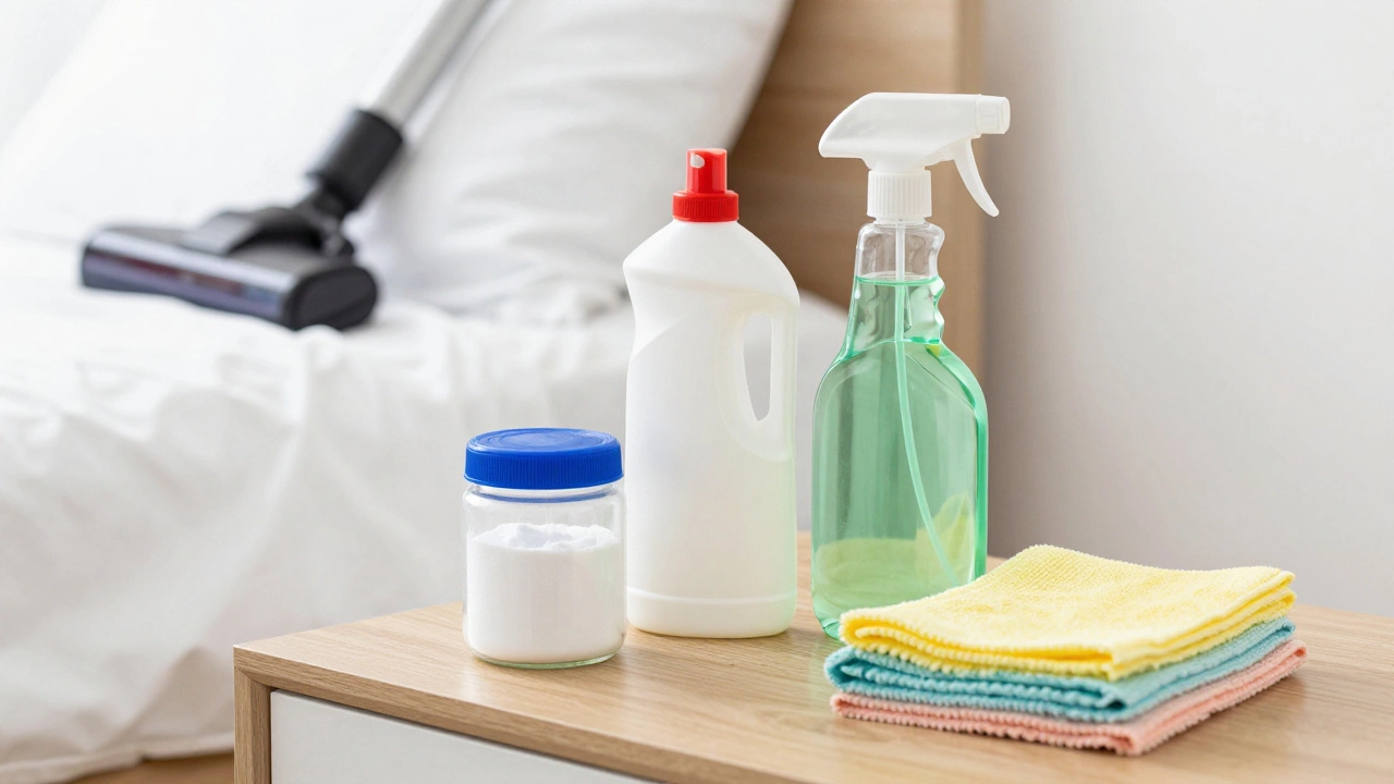 Baking soda, vinegar, and cloths arranged on a bedside table