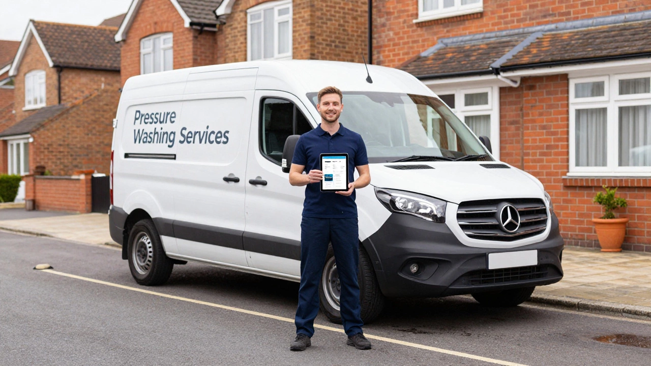 Business owner standing by branded van with tablet after completing a cleaning job.
