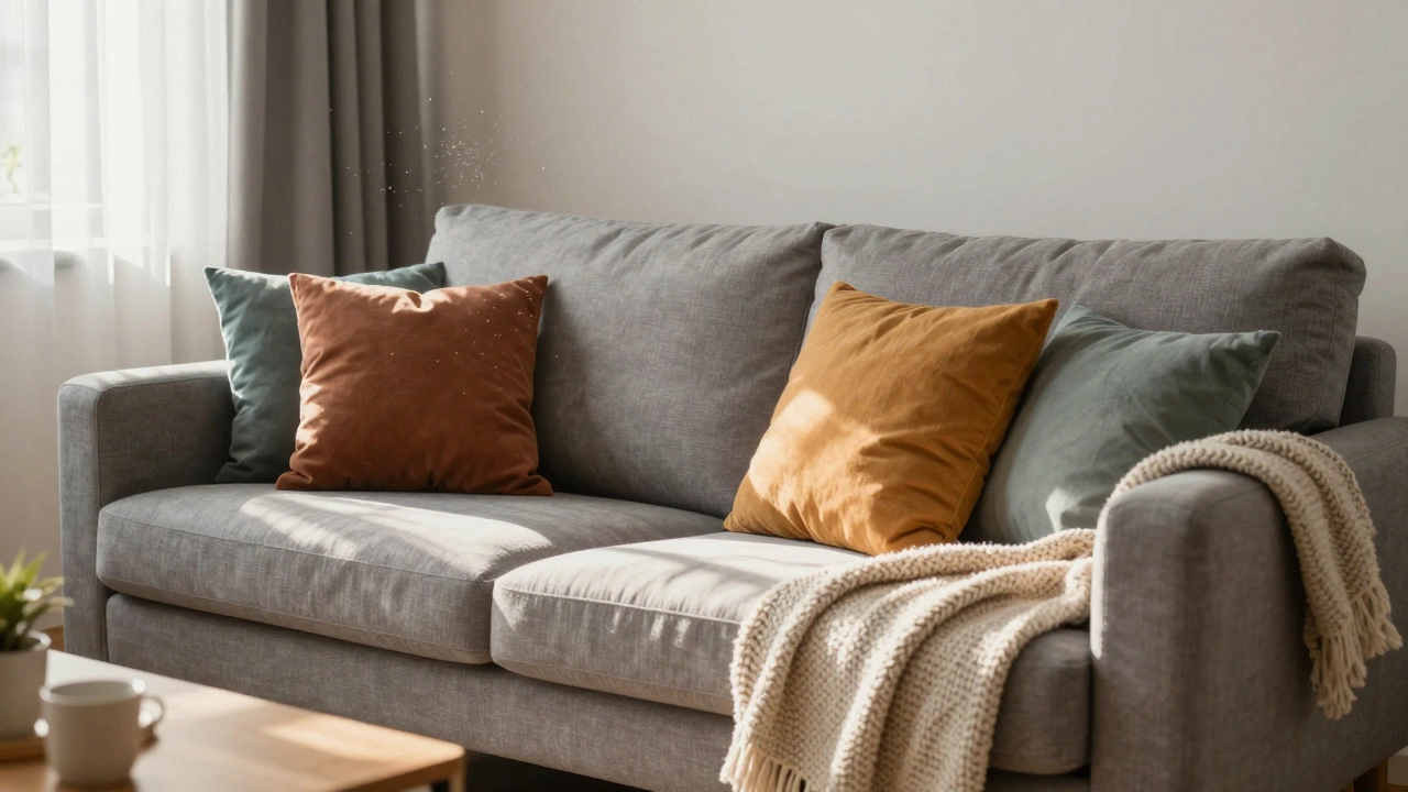 Clean grey sofa with pillows and blanket in a sunny living room